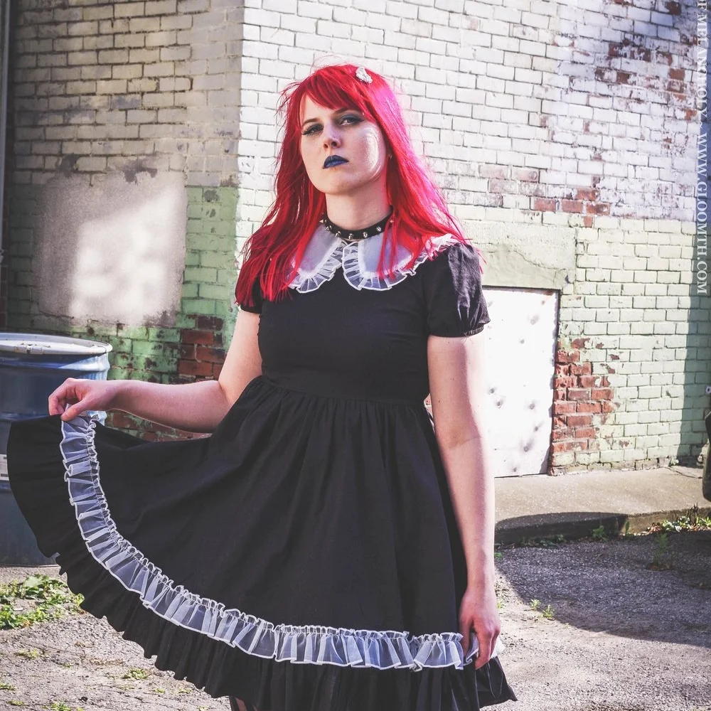 "Domestique" Black Cotton Maid Dress with Sheer Apron - Picture 1 of 12